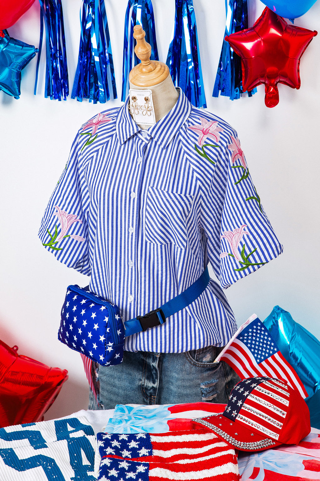 Sky Blue Stripe Embroidered Puff Sleeve Shirt – Lily Floral Button Down Blouse Dear-Lover Dropshipping Tops/Blouses & Shirts
