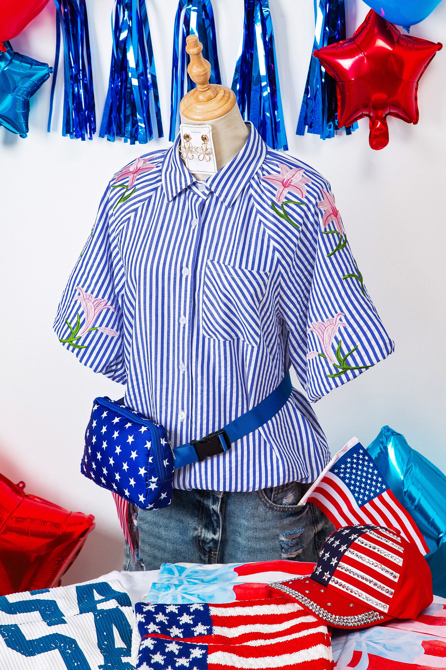 Sky Blue Stripe Embroidered Puff Sleeve Shirt – Lily Floral Button Down Blouse Dear-Lover Dropshipping Tops/Blouses & Shirts