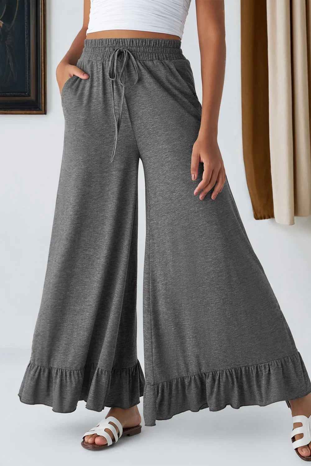 Medium Grey Ruffled Wide Leg Pull On High Waist Pants with Pockets Medium Grey 65%Polyester+30%Viscose+5%Elastane Bazaarre Mart Bottoms/Pants & Culotte