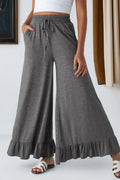 Medium Grey Ruffled Wide Leg Pull On High Waist Pants with Pockets Medium Grey 65%Polyester+30%Viscose+5%Elastane Bazaarre Mart Bottoms/Pants & Culotte