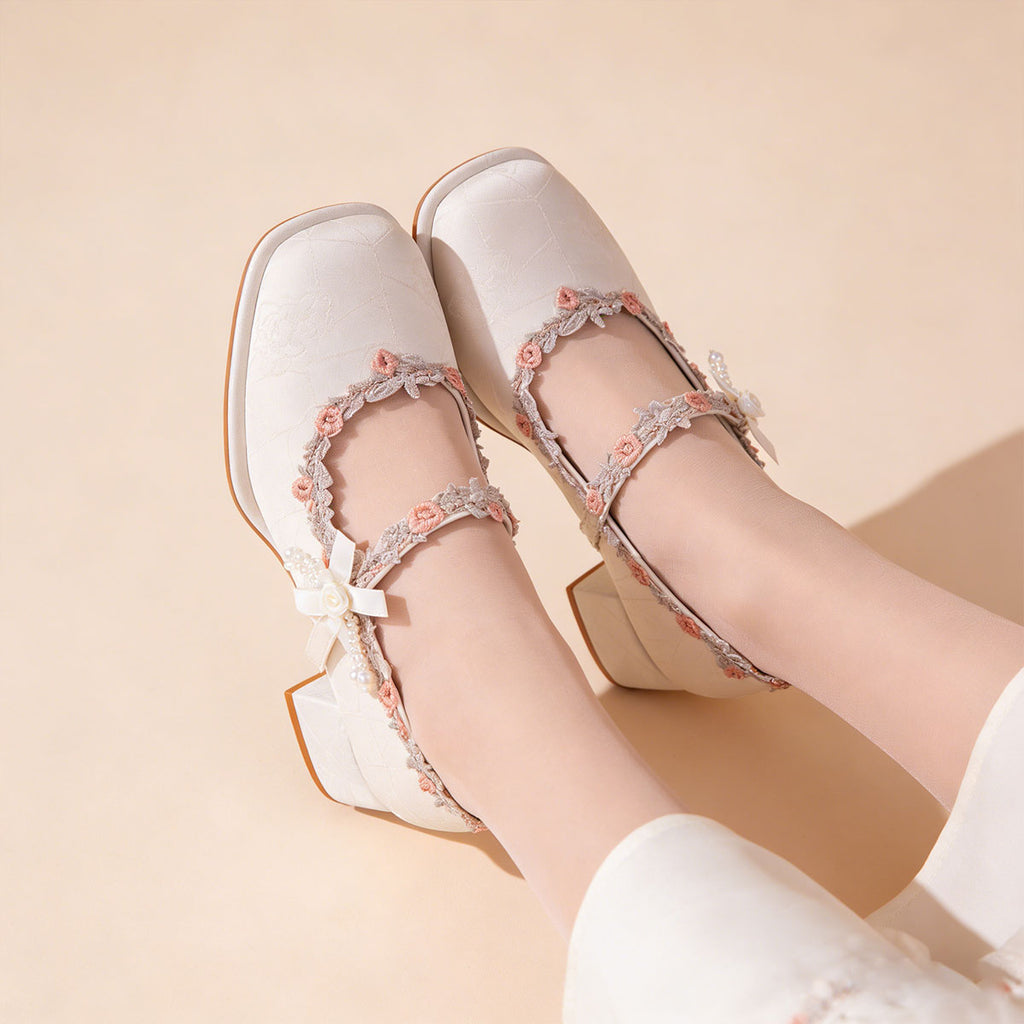 Oriental Jacquard Satin Mary Jane Heels – Embroidered Pearl Square Toe Dress Shoes CJ Dropshipping Flower Girl Shoes