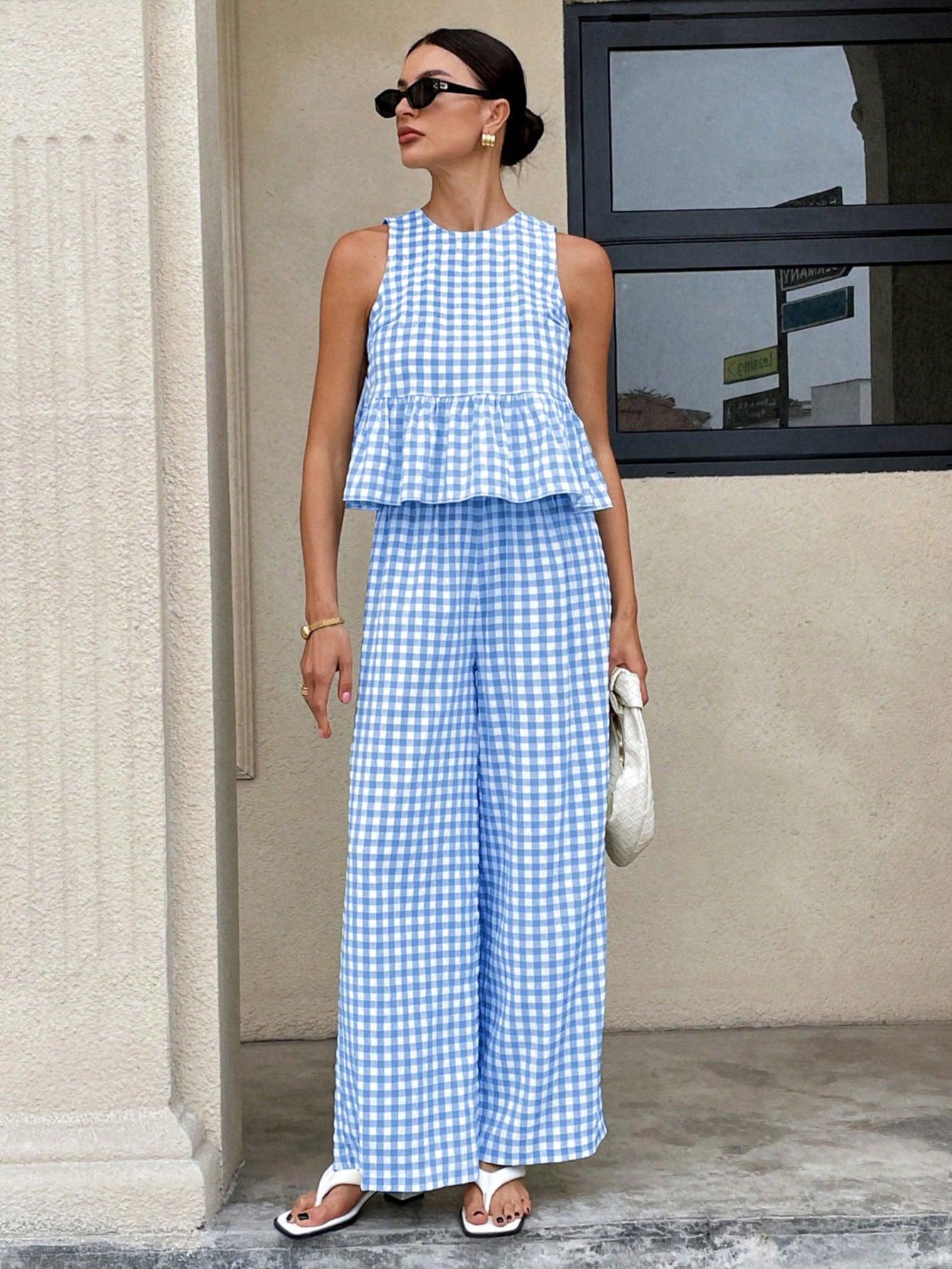 Retro Plaid Sleeveless Top With Ruffled Hem And Straight-leg Pants Blue CJ Dropshipping Retro Plaid Sleeveless Pants Set