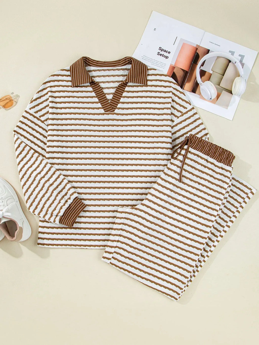 Thin Stripe Collared Baggy Top and Drawstring Pant Set Trendsi Brown Striped Wide Leg Pants Set