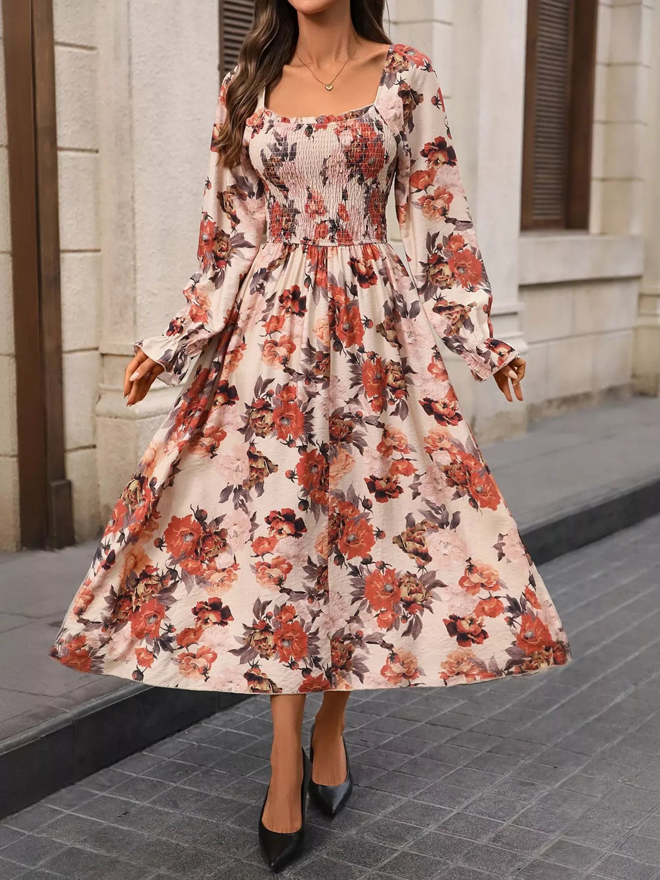 Smocked Floral Print Flounce Sleeve Dress Trendsi Floral Midi Dress