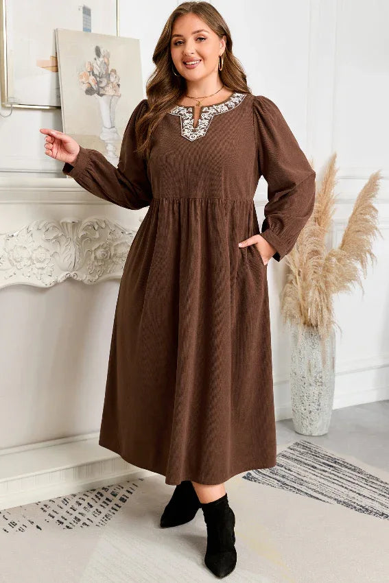 Coffee Embroidered Notched Neck Textured Midi Dress Bazaare Mart Plus Size/Plus Size Dresses/Plus Size Midi Dresses