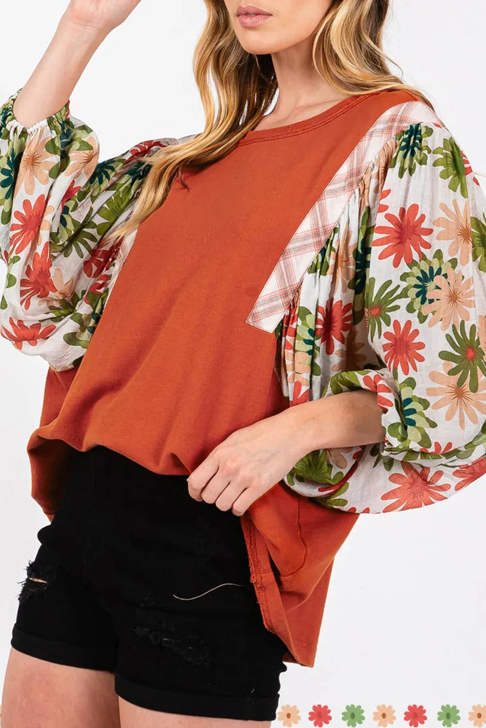 Rust Floral Puff Sleeve Patchwork Blouse Desert Gold 75%Polyester+20%Cotton+5%Elastane Bazaare Mart Tops/Blouses & Shirts