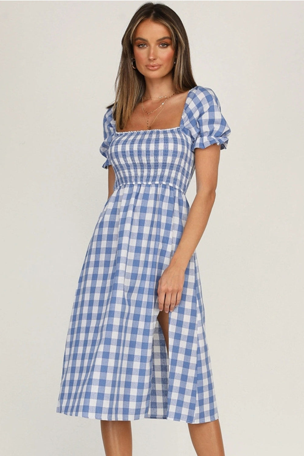 Blue Plaid Short Sleeve Midi Dress