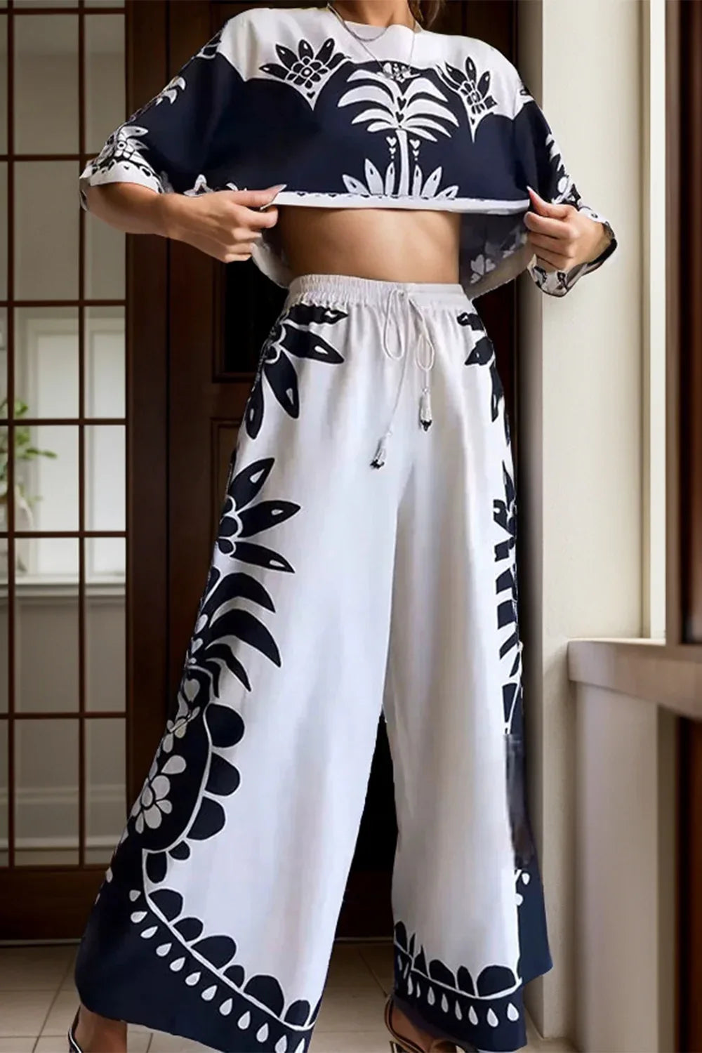 Printed Half Sleeve Top and Wide Leg Pants Set Trendsi Navy Print Pantsuit