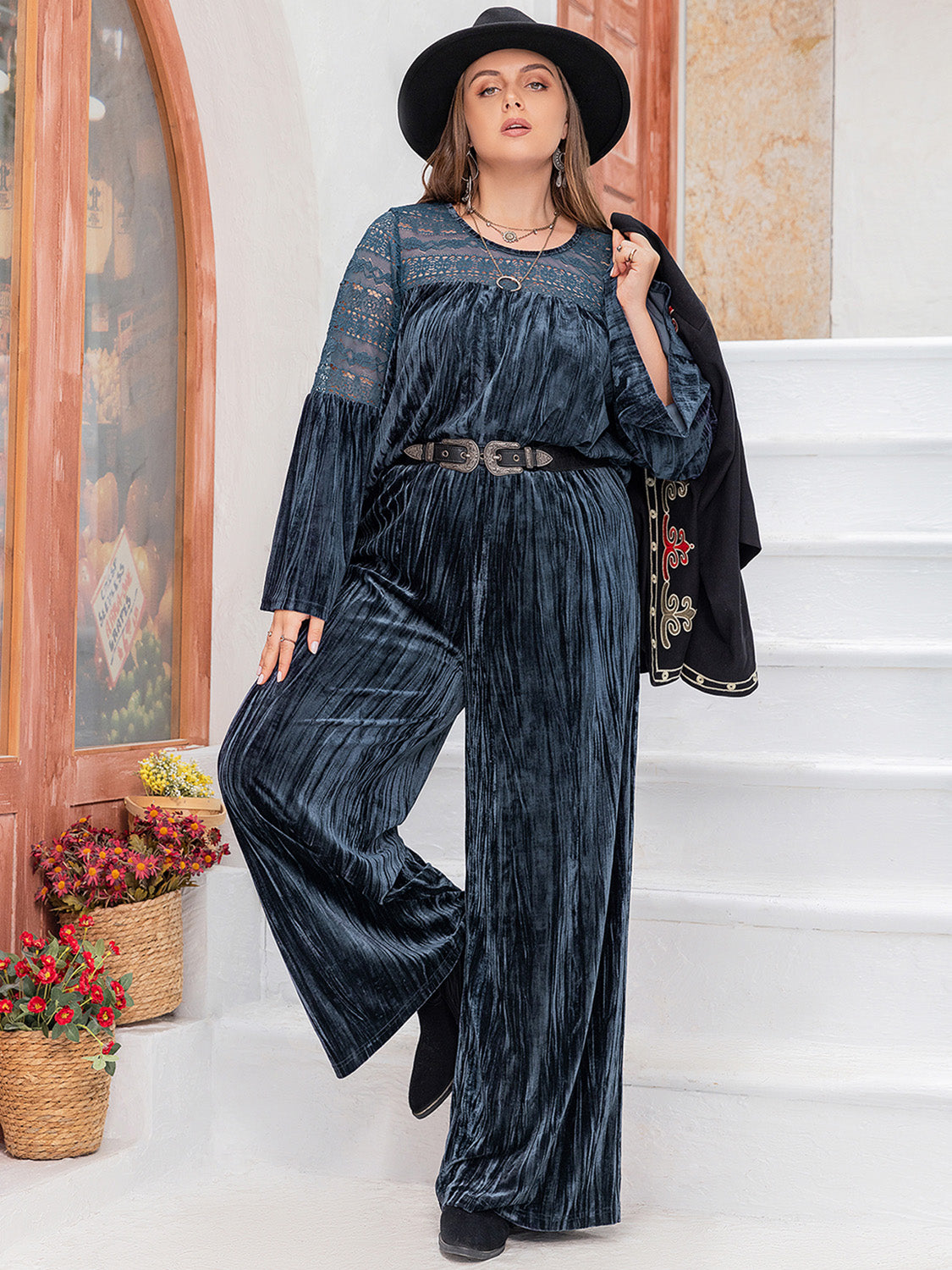 Slate Blue Velvet & Lace Flare Sleeve Pants Set