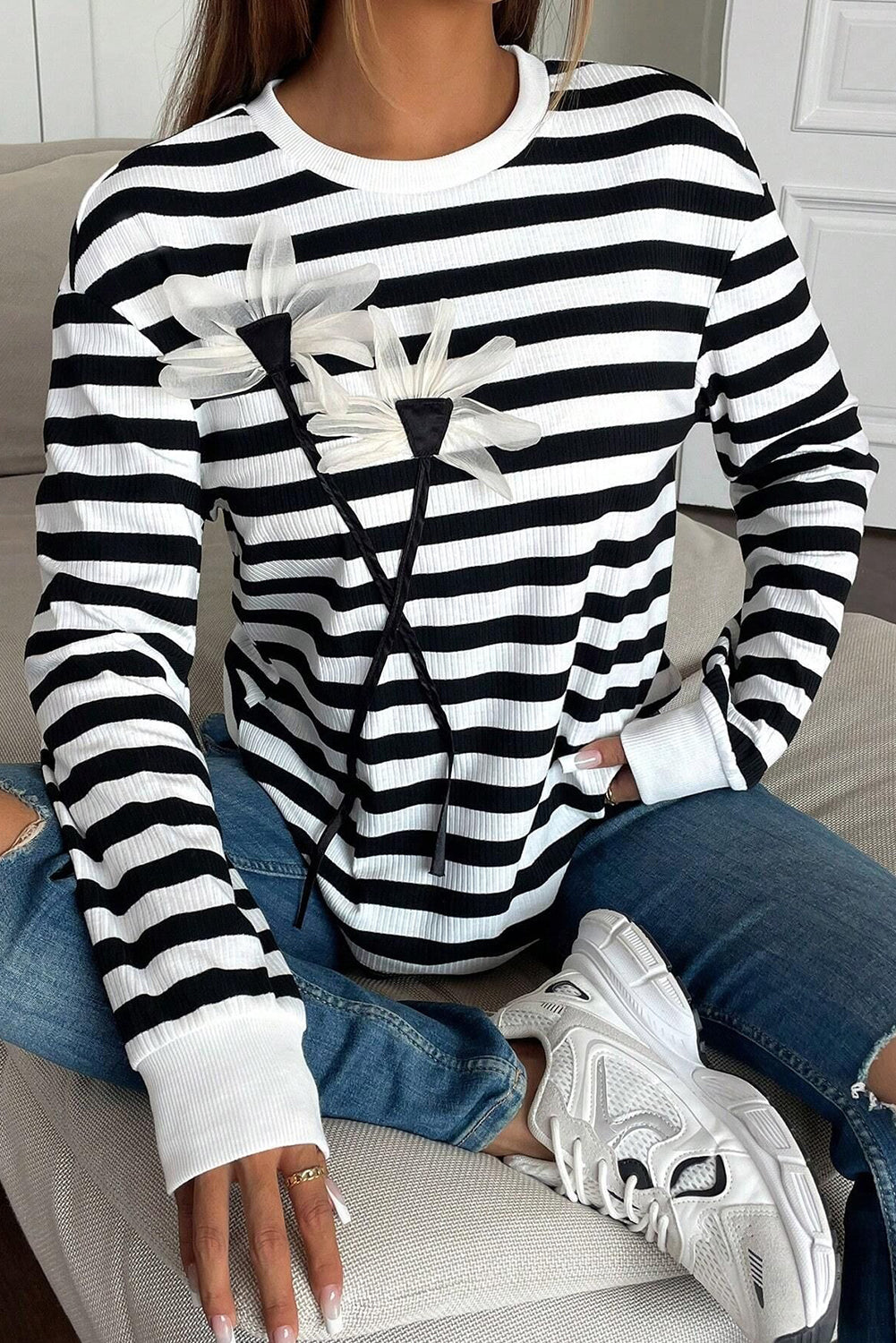 B&W Striped Floral Applique Long Sleeve Top
