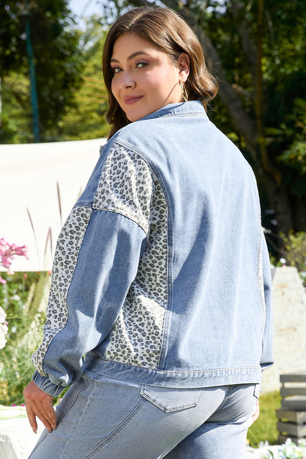 Blue Denim Leopard Patchwork Plus Size Jacket