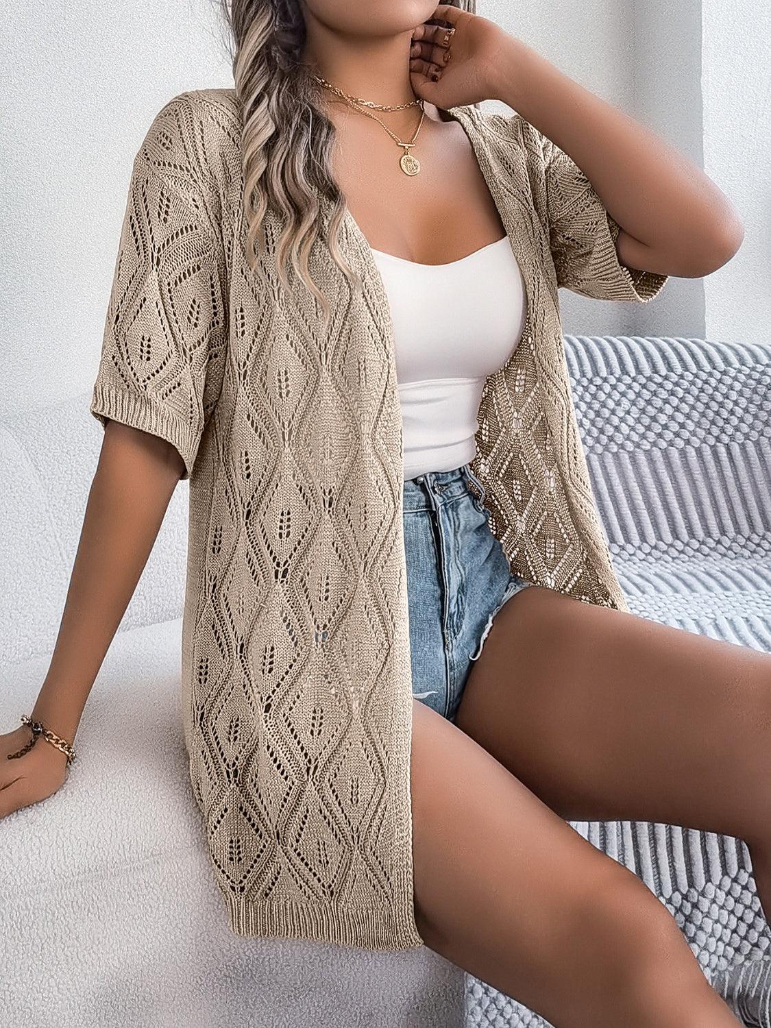 Openwork Open Front Half Sleeve Cardigan Trendsi Openwork Open Front Half Sleeve Cardigan