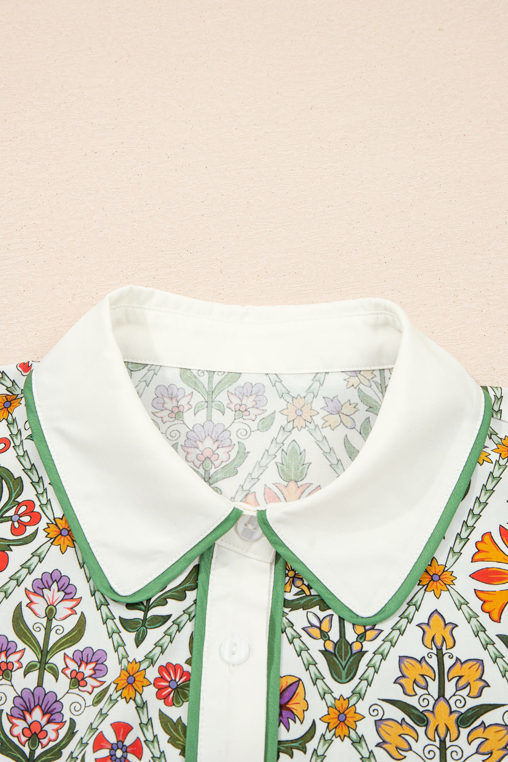 Green Short Puff Sleeve Floral Diamond Shirt