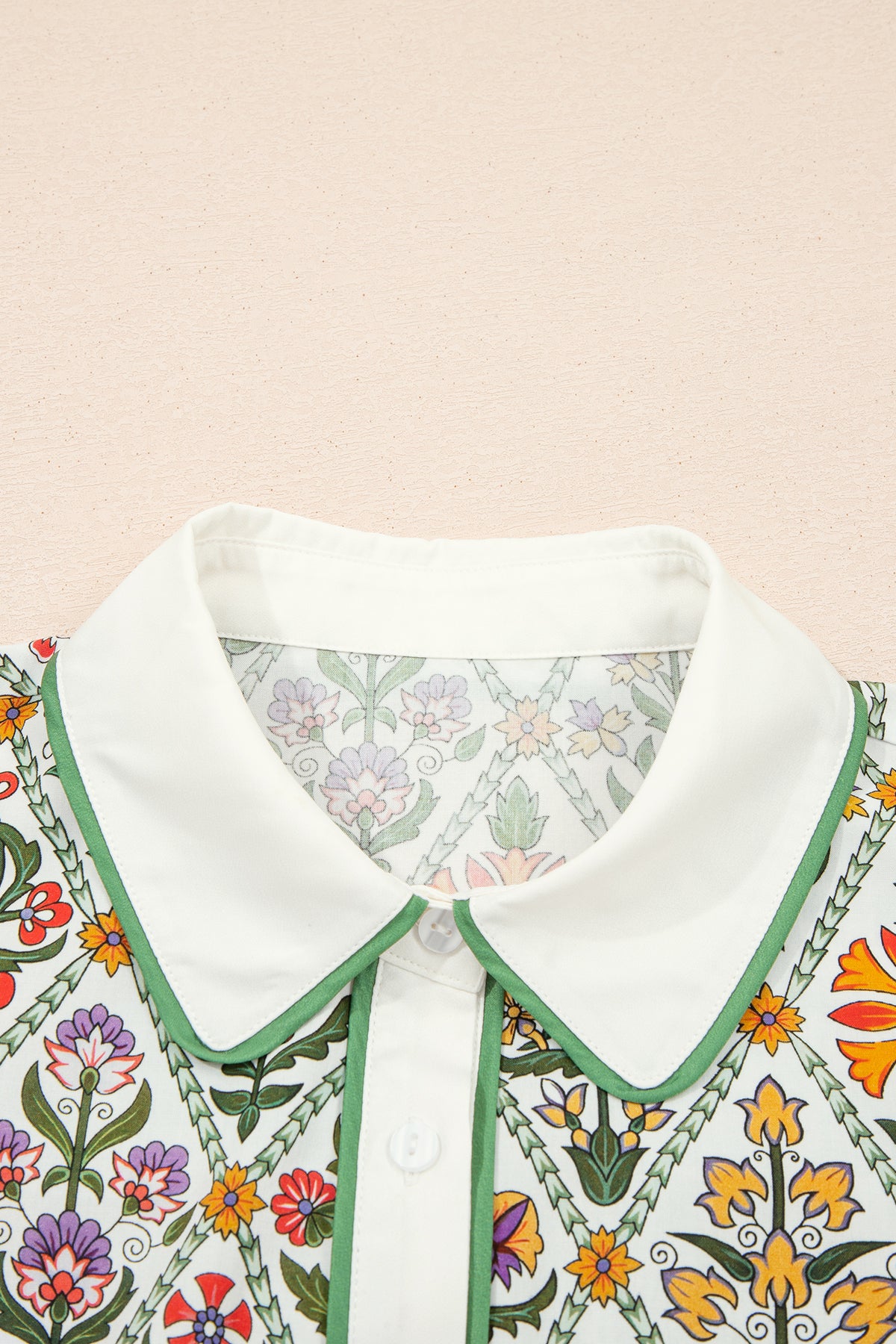 Green Short Puff Sleeve Floral Diamond Shirt