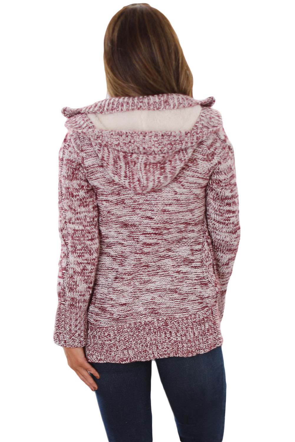 Red Fur Lined Button-Up Hooded Cardigan