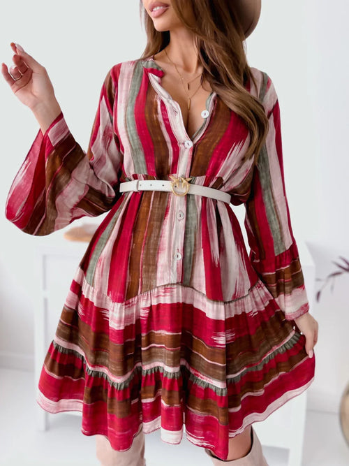 Buttoned Striped Long Sleeve Mini Dress Deep Rose Bazaar Mart Striped Long Sleeve Mini Dress