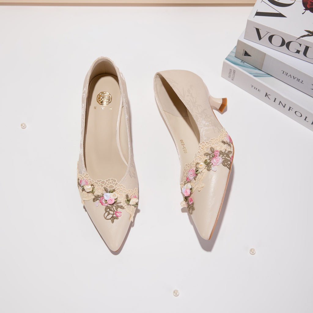 Beige Jacquard Kitten Heels – Pointed Toe Floral Embroidered Elegant Dress Shoe CJ Dropshipping Floral Pumps