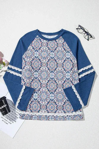 Blue Patchwork & Lace Raglan Long Sleeve Top Bazaare Mart Tops/Long Sleeve Tops