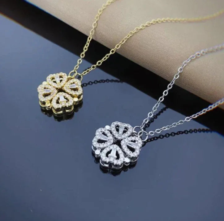 Retro Magnetic Folding Heart Shaped Four Leaf Clover Pendant Necklace Gold and Silver 1set Bazaare Mart Magnet Clover Necklace