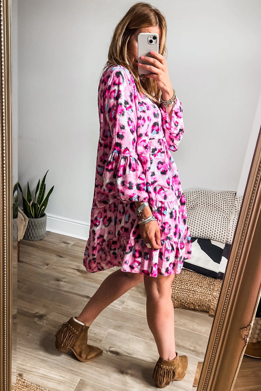 Khaki Leopard Button V Neck Pocket Flowy Mini Dress Shewin Short Dresses