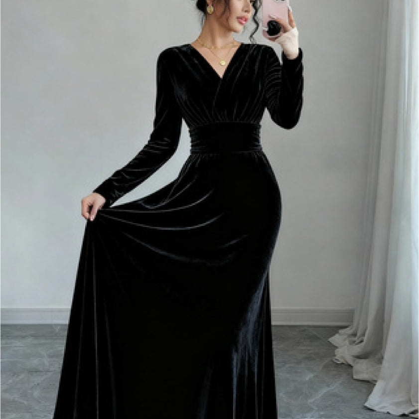 Elegant Velvet Long Sleeve V-Neck Evening Gown