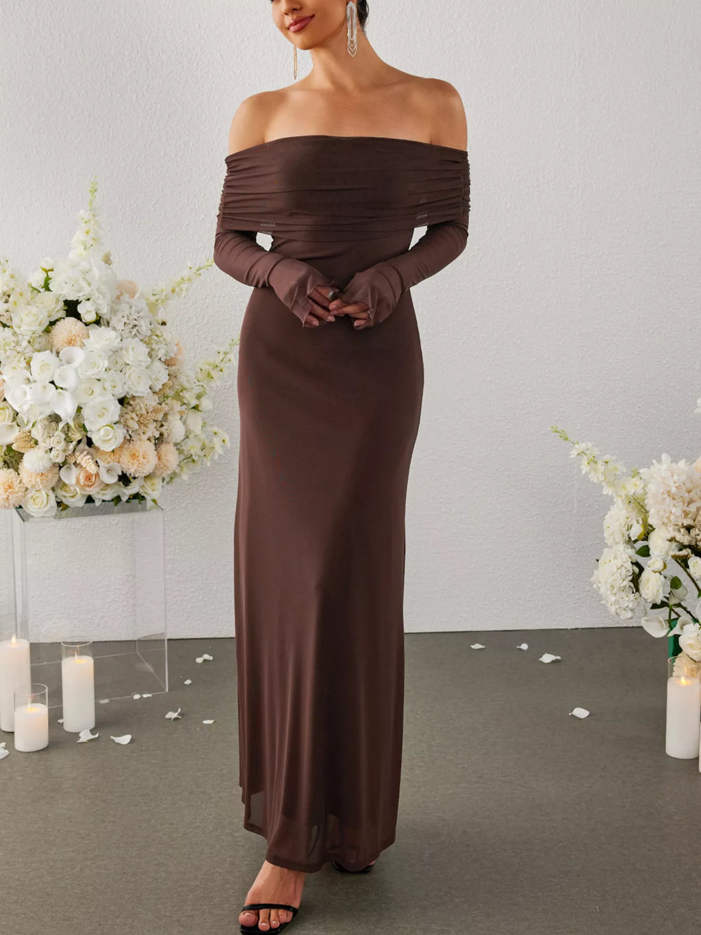 Off-Shoulder Ruched Long Sleeve Maxi Dress Trendsi Off-Shoulder Ruched Long Sleeve Maxi Dress