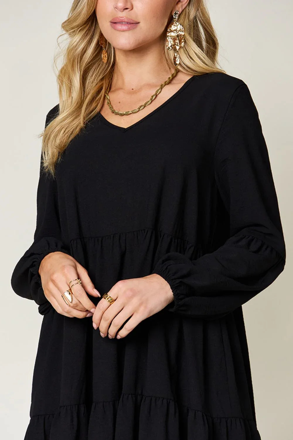 Solid V-Neck Long Balloon Sleeve Tiered Dress Bazaare Mart Long Sleeve Layered Dress