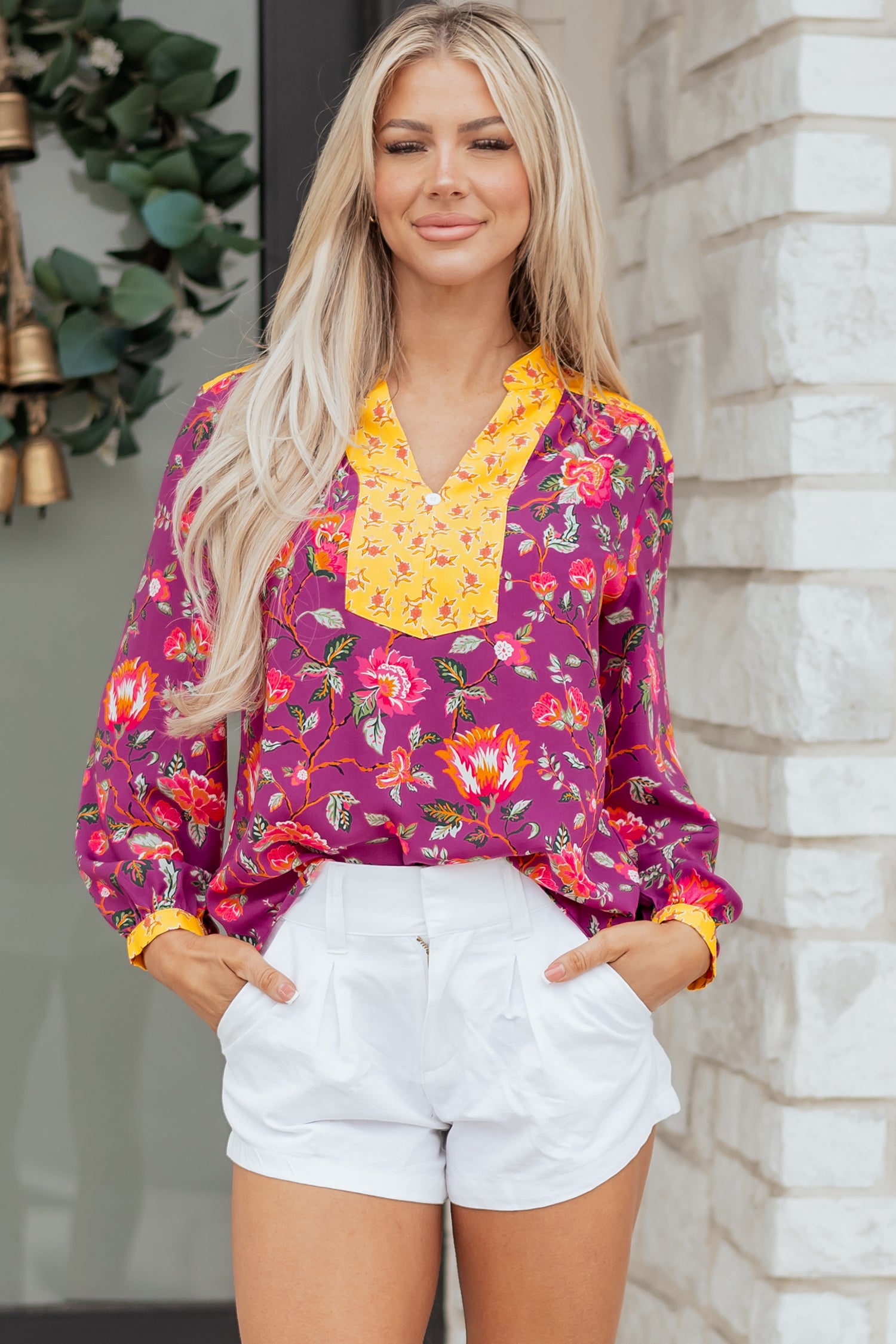 Rose Contrast V Neck Floral Blouse Bazaare Mart Tops/Blouses & Shirts