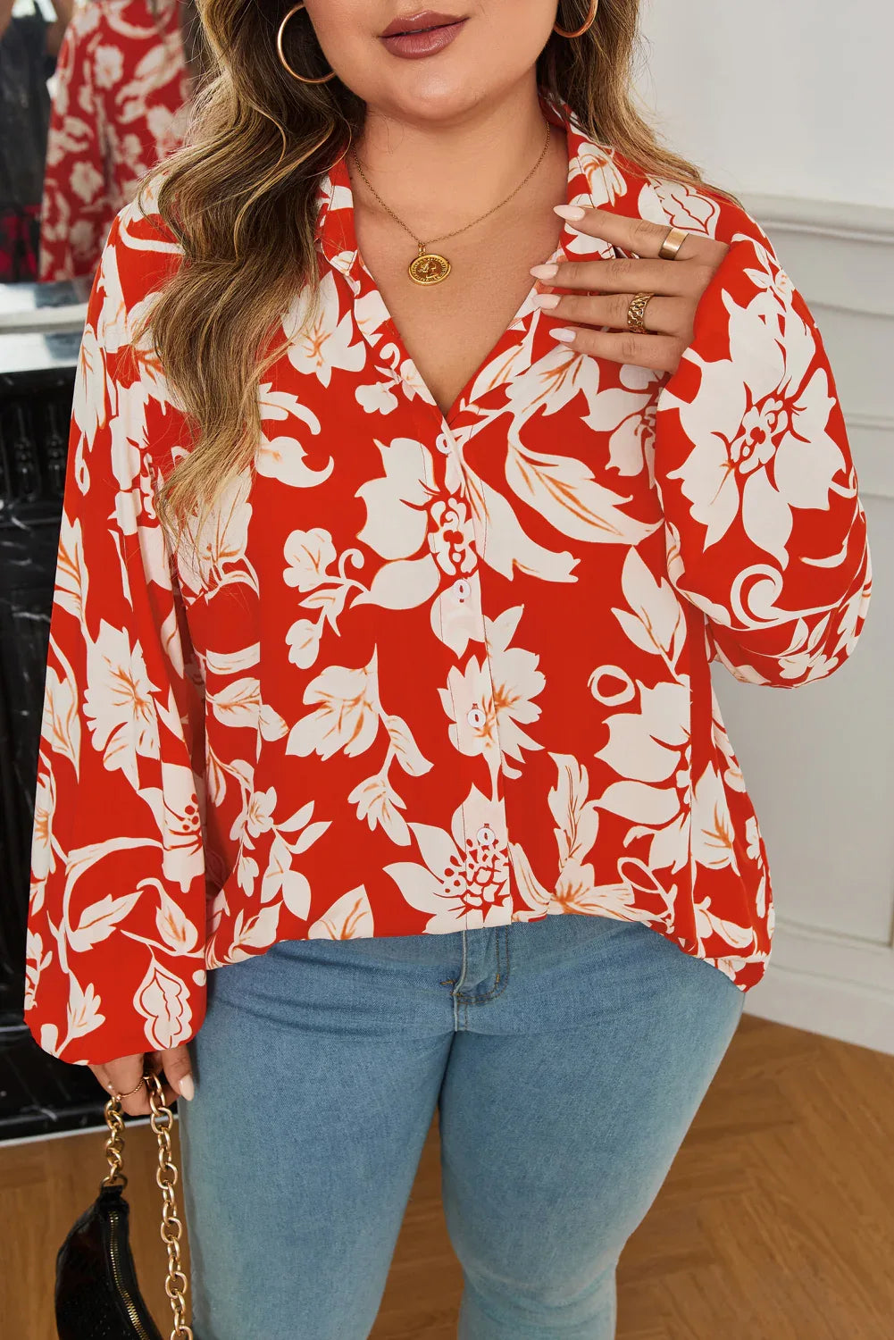 Red Floral Button Up Blouse Bazaare Mart Plus Size/Plus Size Tops/Plus Size Blouses & Shirts