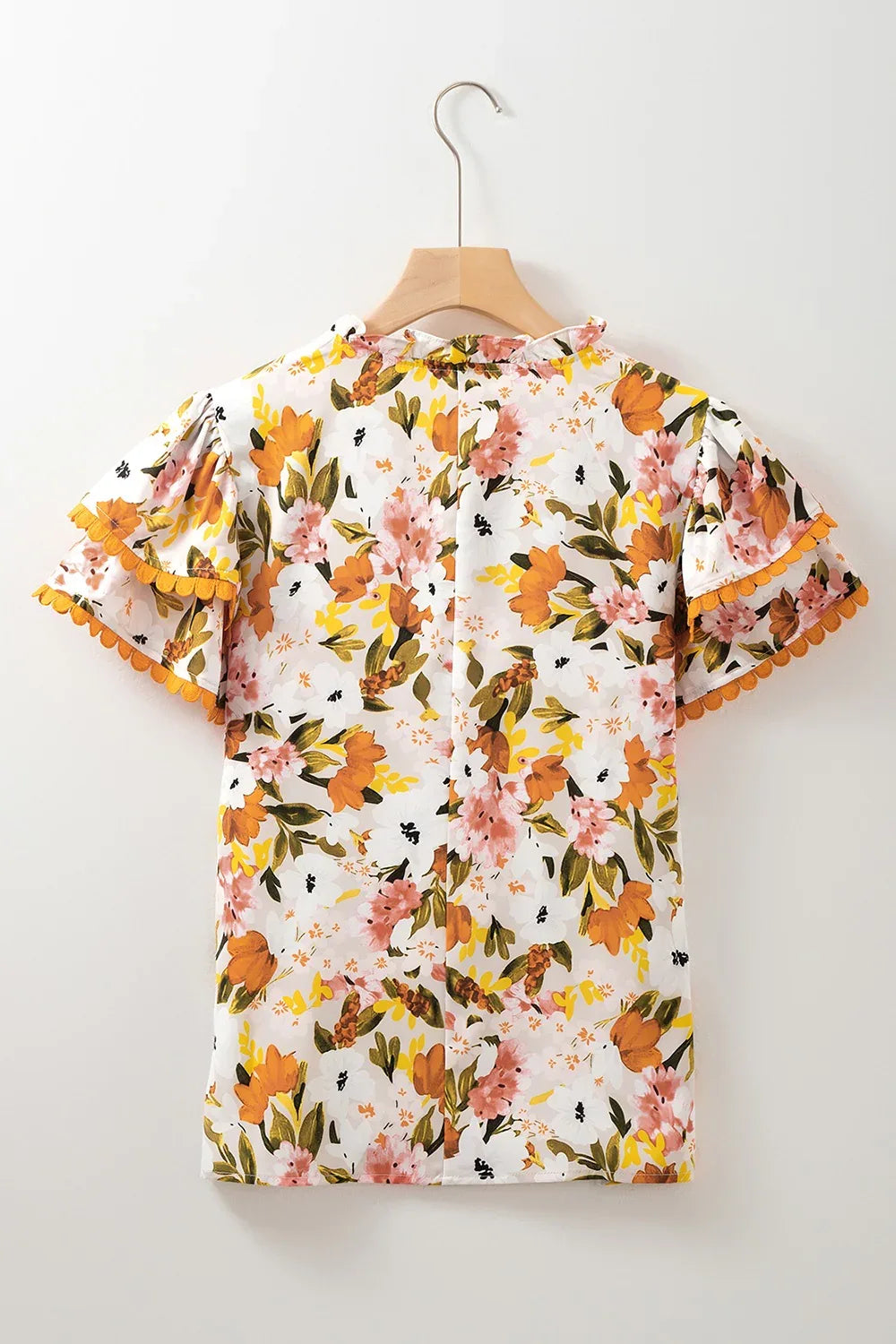 Ruffled Notched Short Sleeve Floral Blouse Bazaare Mart Orange Floral Top