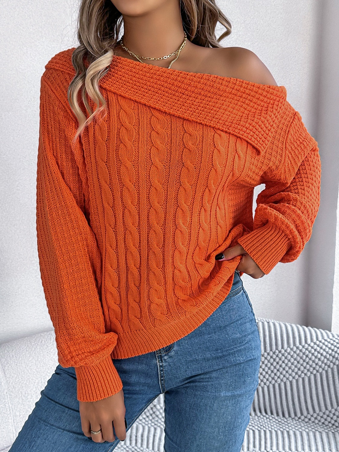 Cable-Knit Off Shoulder Long Sleeve Sweater