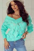 Mint Green Hollow Out Knit V Neck Drop Shoulder Sweater Mint Green 48%Acrylic+42%Polyamide+10%Wool Bazaare Mart Sweaters & Cardigans/Sweaters