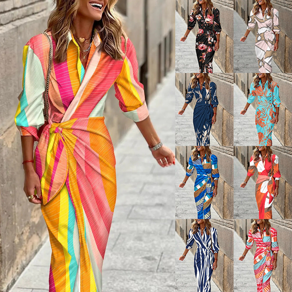 A woman models a wrap-style midi dress with a side tie and vertical multicolor stripes in several bright shades. The main panel shows a close-up of the dress on a street, while a vertical column of smaller thumbnails on the right shows the same dress design in additional colorways.