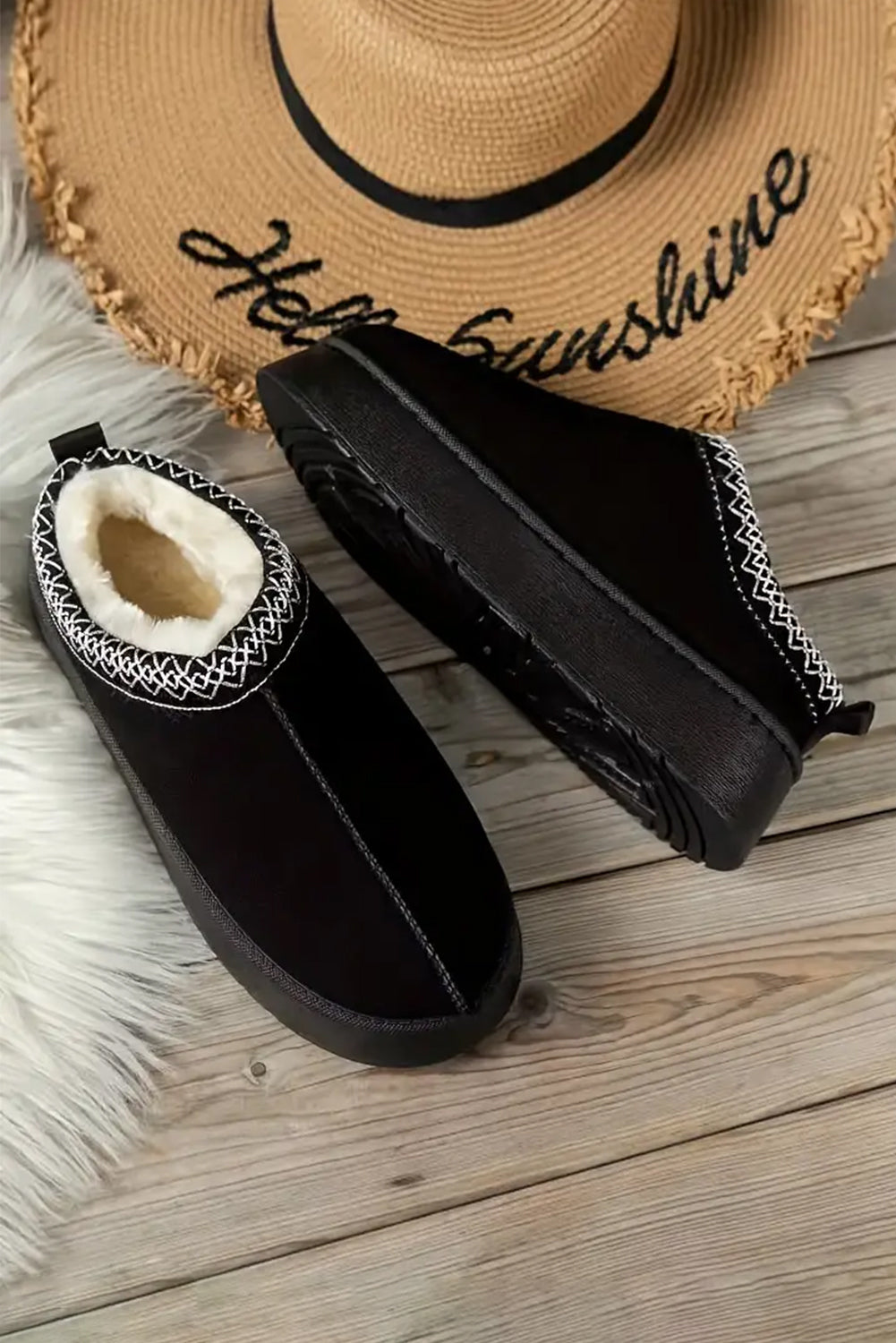 Suede Fur Trim Thick Flat Slippers