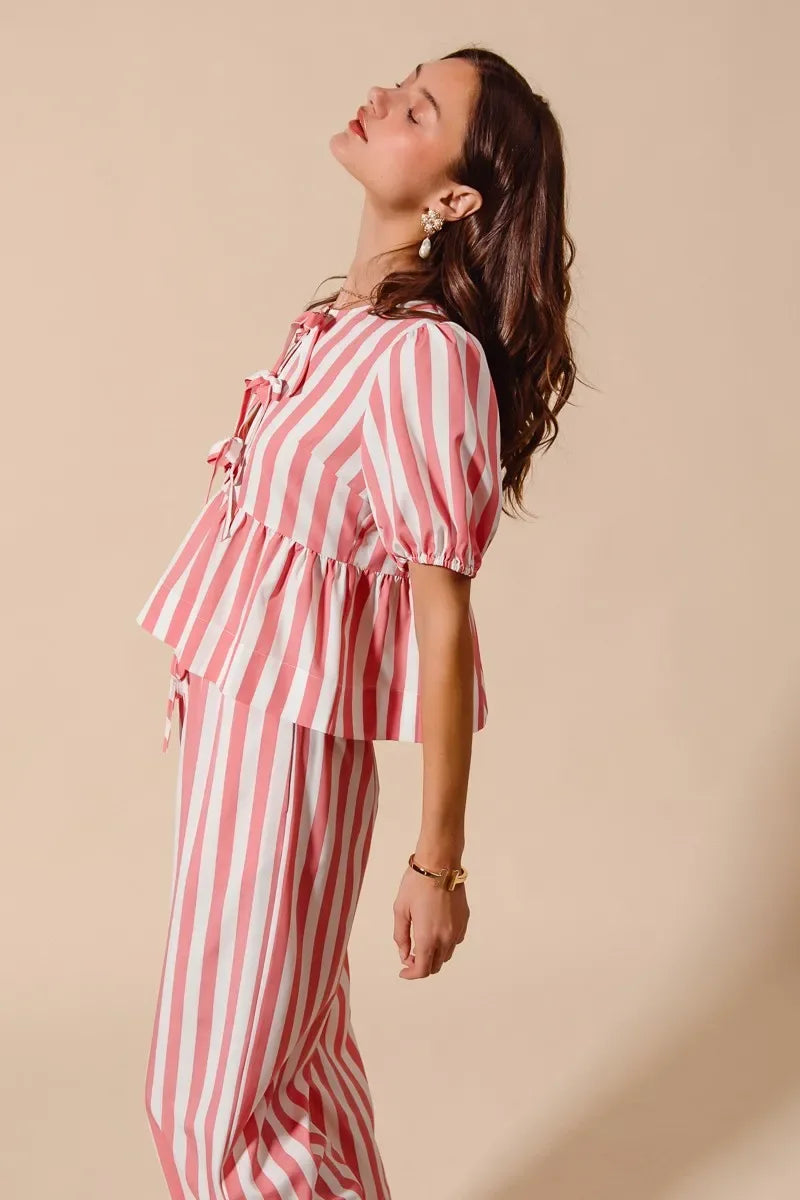 Pink Striped Pants Set Trendsi Front Tie Stripe Top With Puff Sleeves and Pants