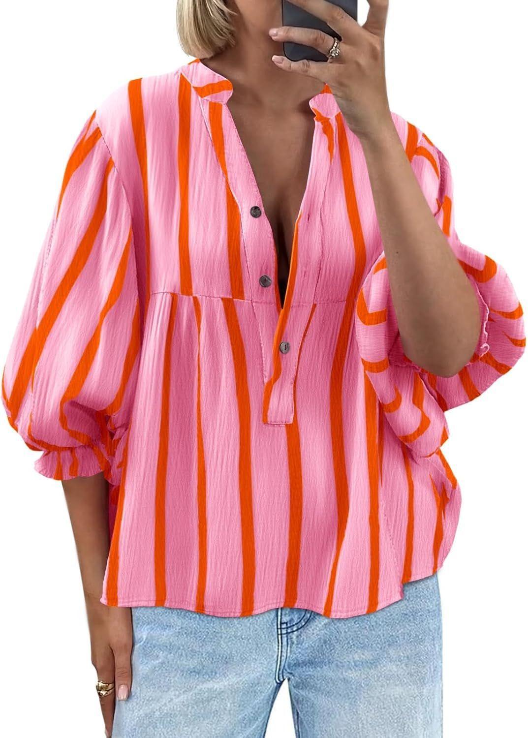 Women’s Striped Puff Sleeve Blouse – Loose Fit 3/4 Sleeve Half Button Top Pink CJ Dropshipping Wide Vertical Stripe 3/4 Sleeve Shirt