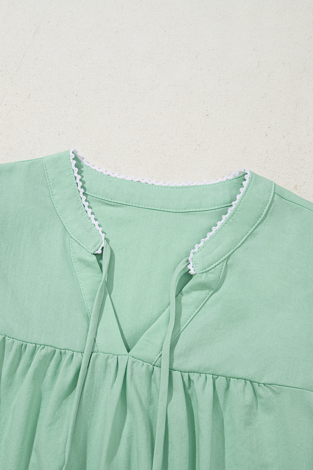 Green Floral Embroidered Puff Sleeve Split Neck Blouse