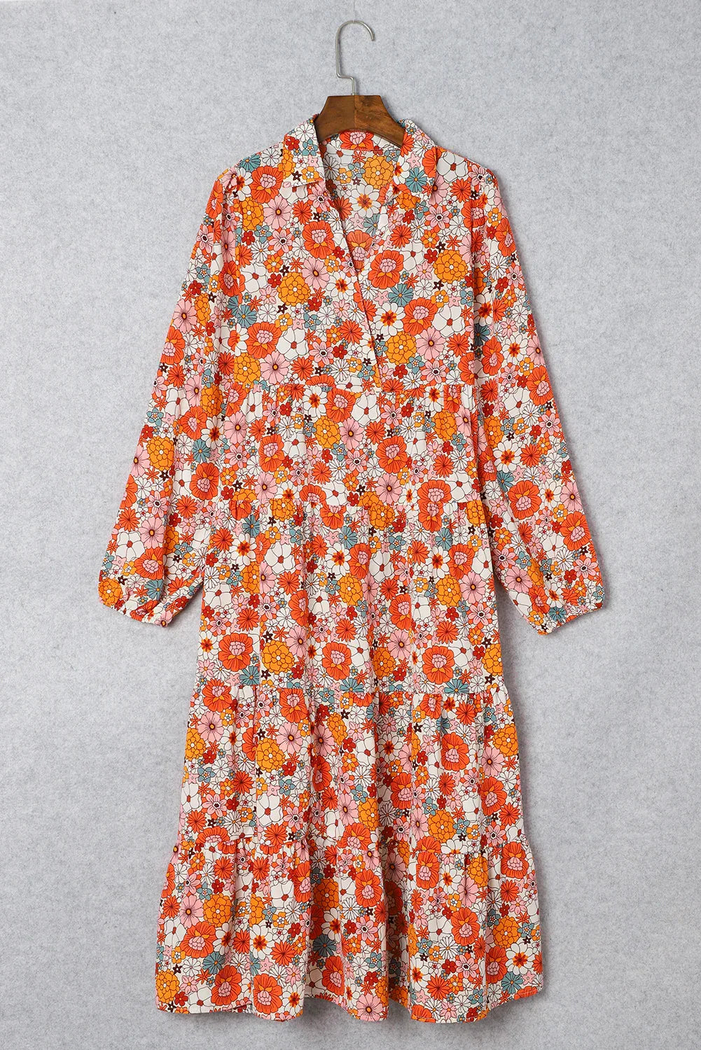 Orange Floral Collared Long Sleeve Dress Shewin 30% OFF