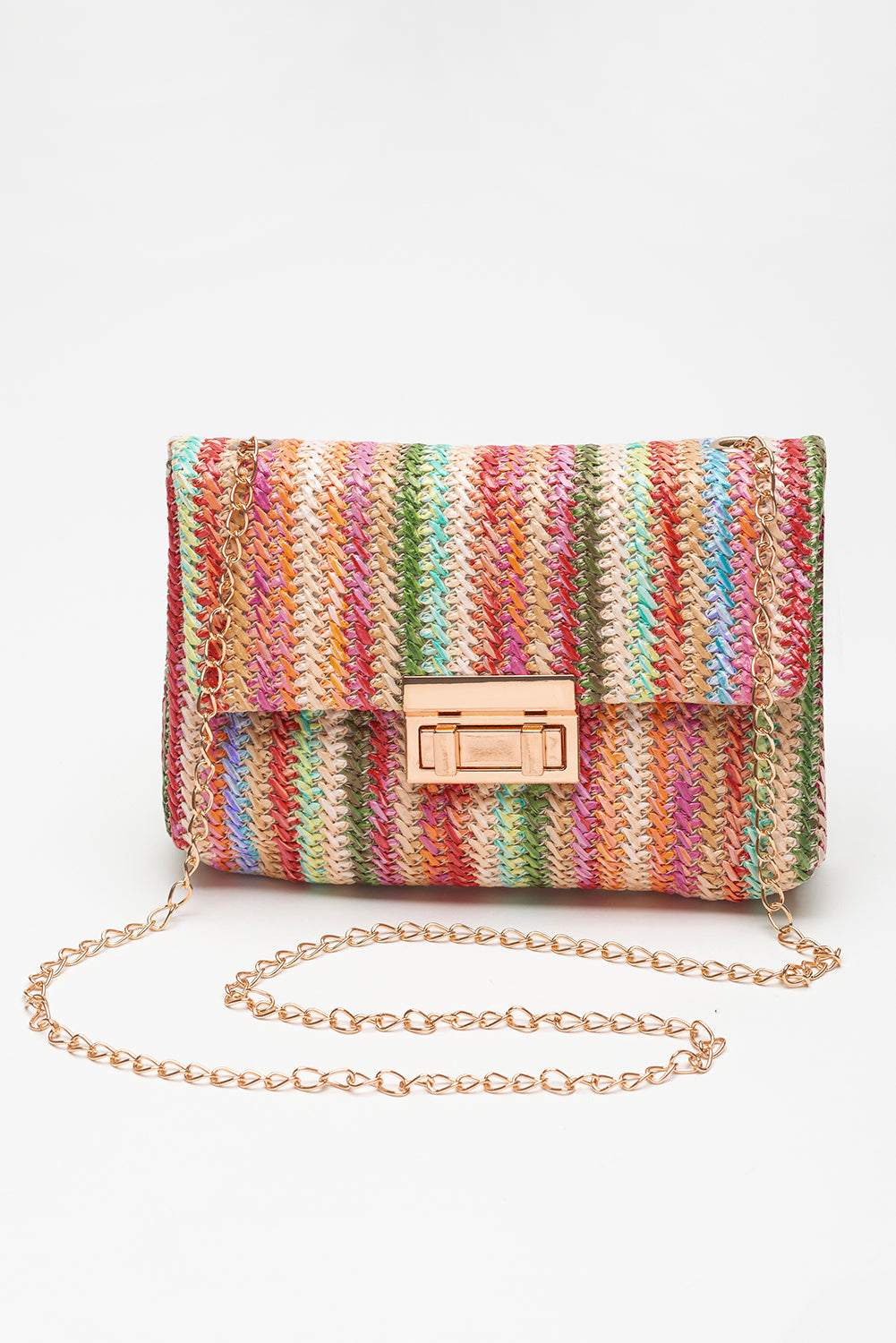 Rainbow Stripe Bohemian Woven Gold Chain Shoulder Bag