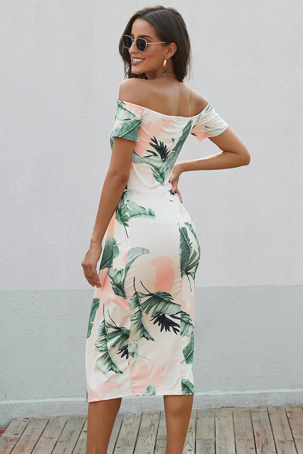 Printed Off-Shoulder Split Dress Trendsi Off-Shoulder Split Dress