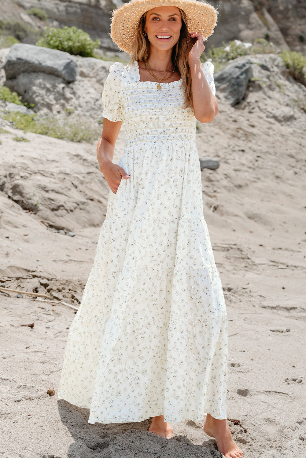 White Shirred Bodice Tiered Floral Maxi Dress