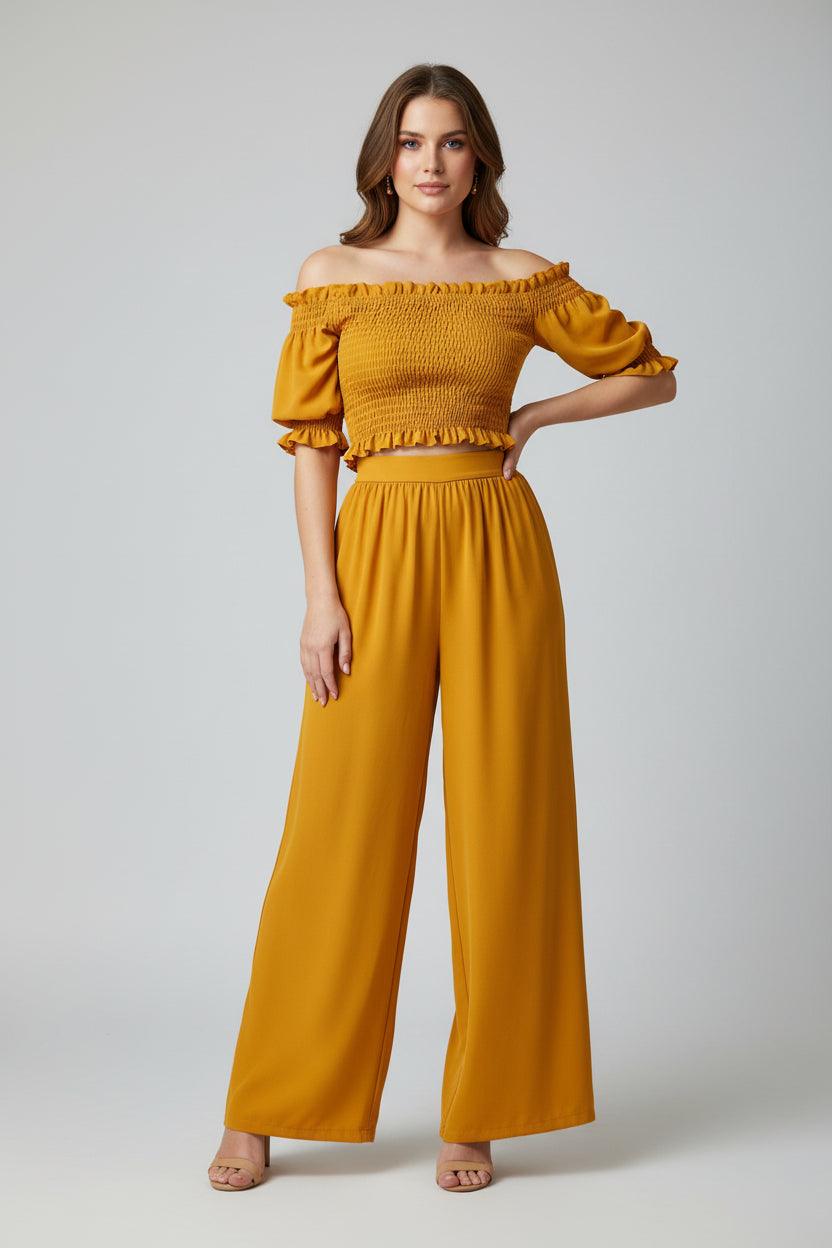 Women’s Chic Off-Shoulder Top & Elastic Waist Pants Set Yellow CJ Dropshipping 2pc. Off Shoulder Solid Top and Pants Se