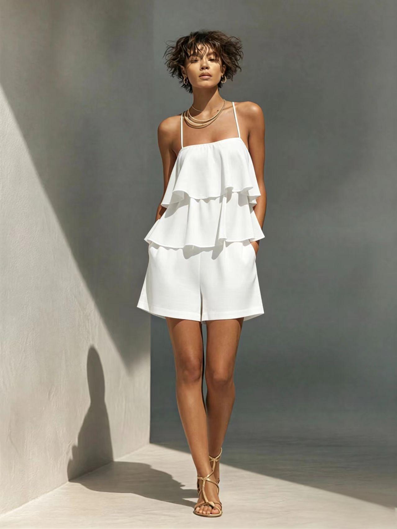Women’s Ruffle Camisole & Shorts Two-Piece Set White CJ Dropshipping Ruffled Camisol Shorts Set