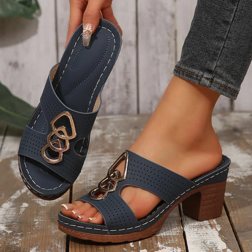 Chunky Heel PU Leather Metal Decor Sandals Bazaare Mart Double Buckle Heels