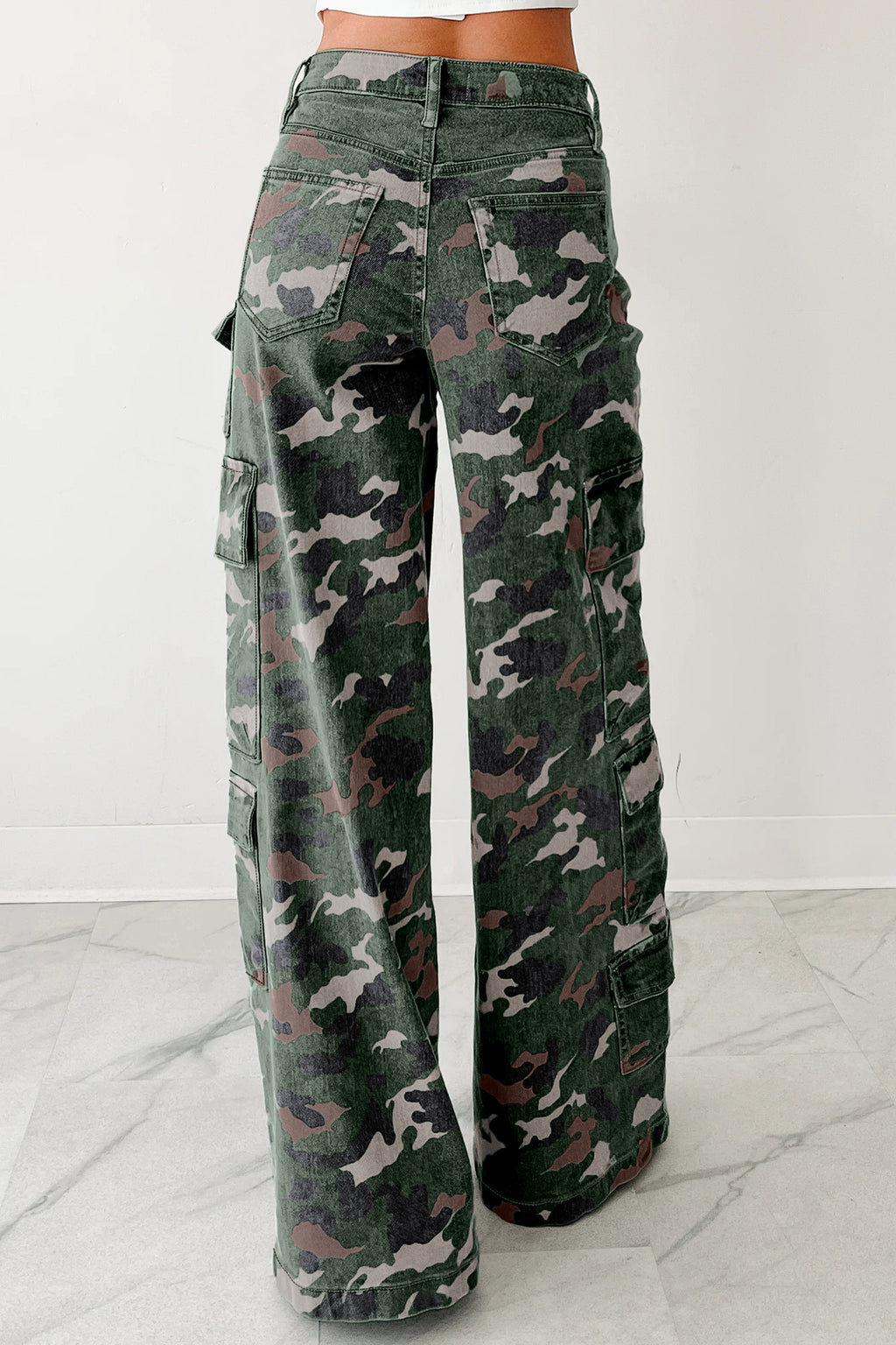 Green Camo Denim Cargo Wide Leg Pants Bazaarre Mart Bottoms/Jeans