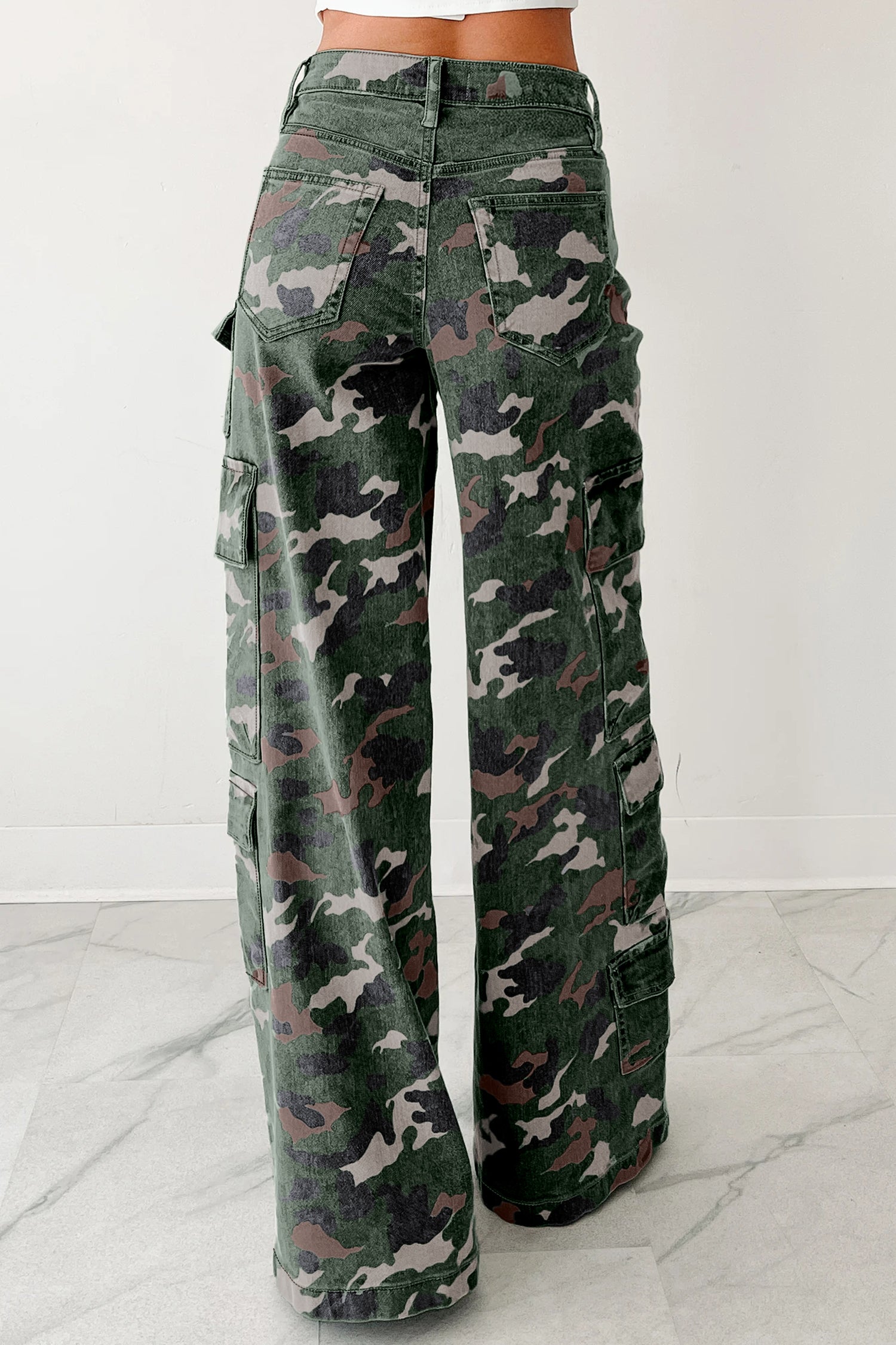 Green Camo Denim Cargo Wide Leg Pants Bazaarre Mart Bottoms/Jeans