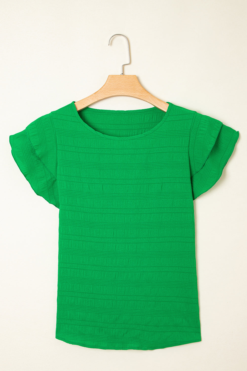 Green Textured Ruffled Sleeve Round Neck Top