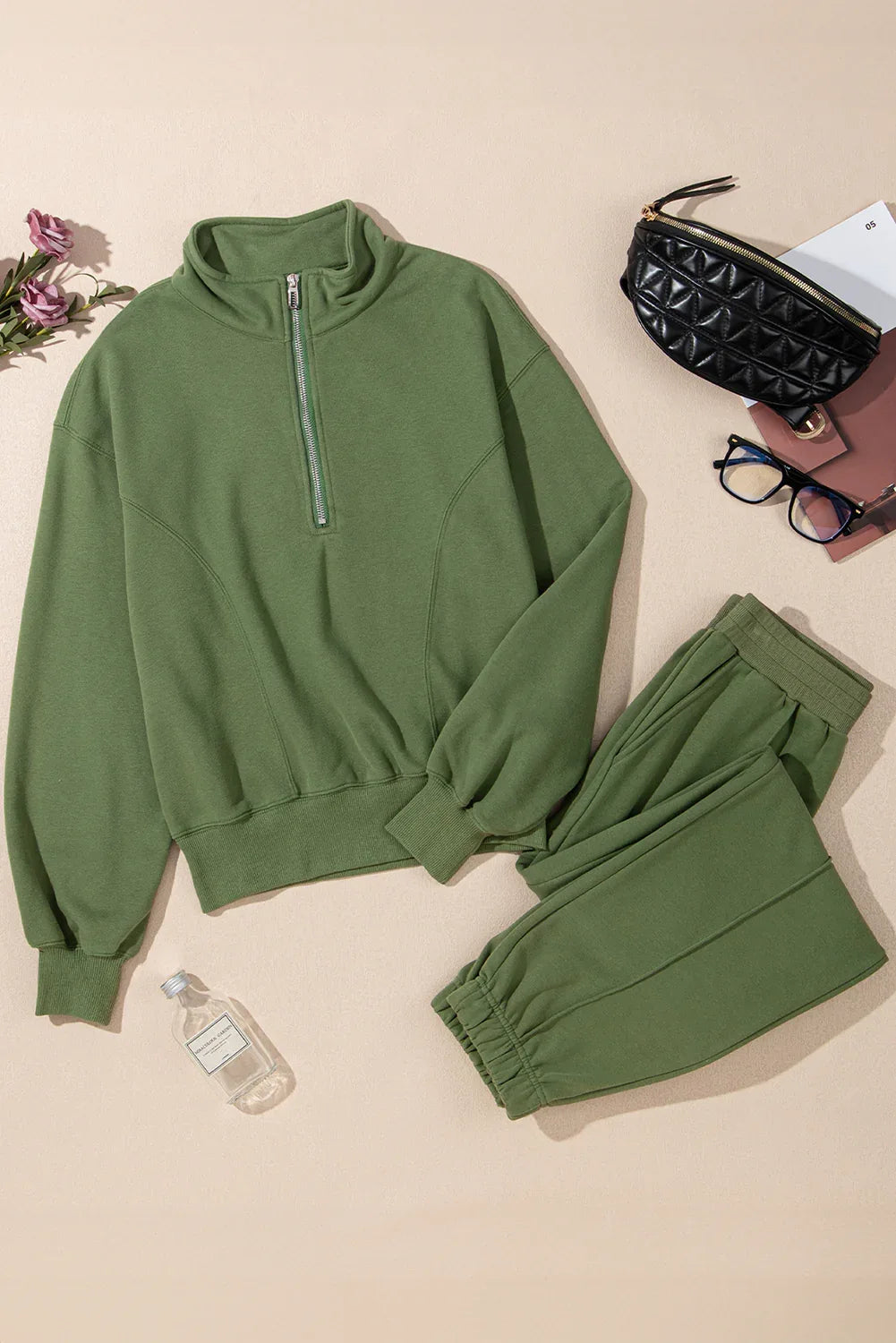 Sage Half Zip Pullover Active Top and Joggers Set Bazaare Mart Two Piece Sets/Pant Sets