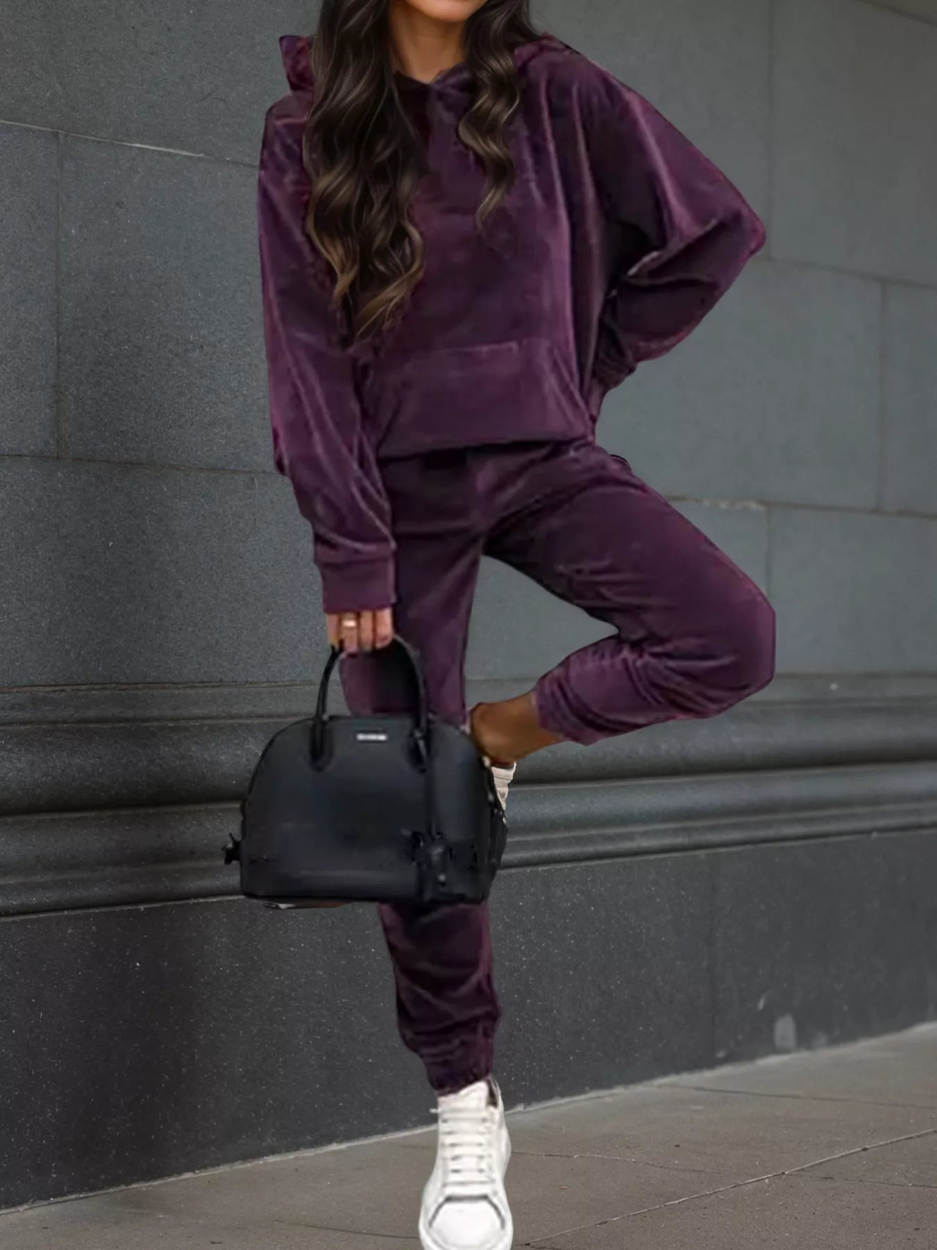 Velvet Long Sleeve Hoodie and Pants Set Purple Bazaare Mart Velvet Long Sleeve Hoodie and Pants Set