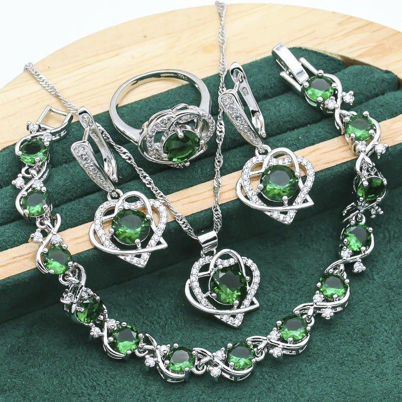 Double Heart Silver Faux Gemstone 4pc. Jewelry Set - Bazaare Mart